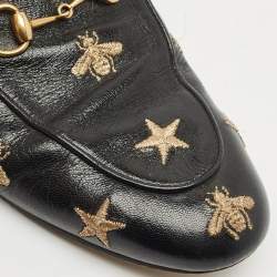 Pre Owned Gucci Black Leather Bee and Star Embroidered Princetown Flat Mules Size 37.5