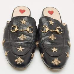 Pre Owned Gucci Black Leather Bee and Star Embroidered Princetown Flat Mules Size 37.5