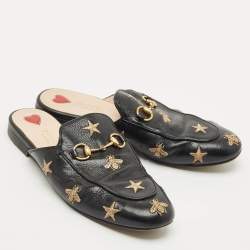 Pre Owned Gucci Black Leather Bee and Star Embroidered Princetown Flat Mules Size 37.5