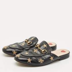 Pre Owned Gucci Black Leather Bee and Star Embroidered Princetown Flat Mules Size 37.5