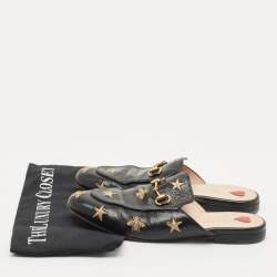 Pre Owned Gucci Black Leather Bee and Star Embroidered Princetown Flat Mules Size 37.5