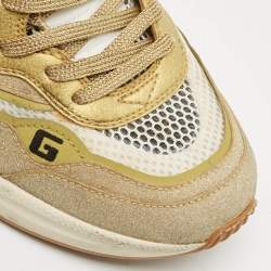 Pre Owned Gucci Gold/White Mesh, Glitter and Leather Ultrapace Low Top Sneakers Size 37.5