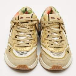 Pre Owned Gucci Gold/White Mesh, Glitter and Leather Ultrapace Low Top Sneakers Size 37.5
