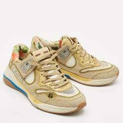 Pre Owned Gucci Gold/White Mesh, Glitter and Leather Ultrapace Low Top Sneakers Size 37.5
