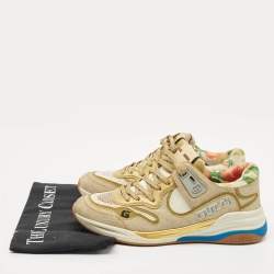 Pre Owned Gucci Gold/White Mesh, Glitter and Leather Ultrapace Low Top Sneakers Size 37.5