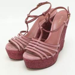 Gucci Pink Suede Strappy Wedge Espadrille Ankle Strap Sandals Size 39