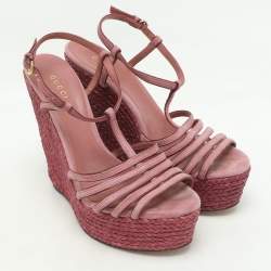 Gucci Pink Suede Strappy Wedge Espadrille Ankle Strap Sandals Size 39