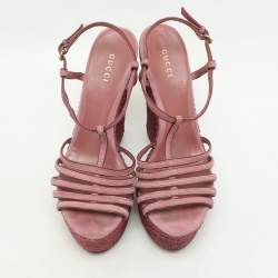Gucci Pink Suede Strappy Wedge Espadrille Ankle Strap Sandals Size 39