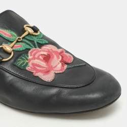 Pre Owned Gucci Black Leather Rose Embroidered Princetown Horsebit Flat Mules Size 38.5