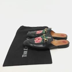 Pre Owned Gucci Black Leather Rose Embroidered Princetown Horsebit Flat Mules Size 38.5