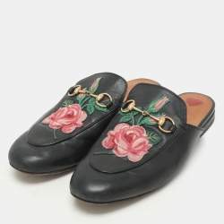 Pre Owned Gucci Black Leather Rose Embroidered Princetown Horsebit Flat Mules Size 38.5
