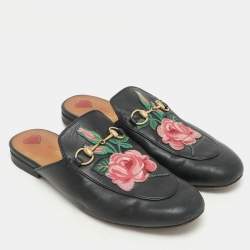 Pre Owned Gucci Black Leather Rose Embroidered Princetown Horsebit Flat Mules Size 38.5
