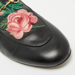 Gucci Black Leather Rose Embroidered Princetown Horsebit Flat Mules Size 39.5