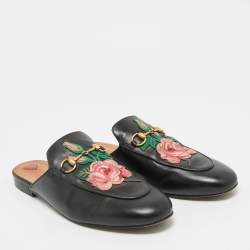 Gucci Black Leather Rose Embroidered Princetown Horsebit Flat Mules Size 39.5