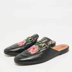 Gucci Black Leather Rose Embroidered Princetown Horsebit Flat Mules Size 39.5