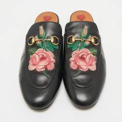 Gucci Black Leather Rose Embroidered Princetown Horsebit Flat Mules Size 39.5