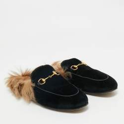 مملوكة مسبقًا حذاء سلايد فلات غوتشي "برينستاون" مبطن فرو و قطيفة أسود مقاس 39.5
