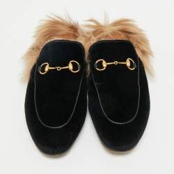 مملوكة مسبقًا حذاء سلايد فلات غوتشي "برينستاون" مبطن فرو و قطيفة أسود مقاس 39.5