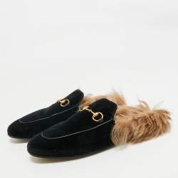 مملوكة مسبقًا حذاء سلايد فلات غوتشي "برينستاون" مبطن فرو و قطيفة أسود مقاس 39.5