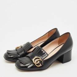 Gucci Black Leather Marmont GG Fringe Detail Block Heel Pumps Size 38