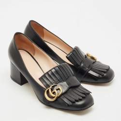 Gucci Black Leather Marmont GG Fringe Detail Block Heel Pumps Size 38