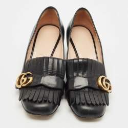 Gucci Black Leather Marmont GG Fringe Detail Block Heel Pumps Size 38
