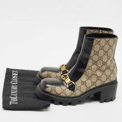 Gucci Beige/Black GG Supreme Canvas and Leather Interlocking G Ankle Boots Size 36.5