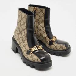 Gucci Beige/Black GG Supreme Canvas and Leather Interlocking G Ankle Boots Size 36.5