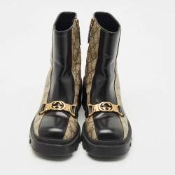 Gucci Beige/Black GG Supreme Canvas and Leather Interlocking G Ankle Boots Size 36.5