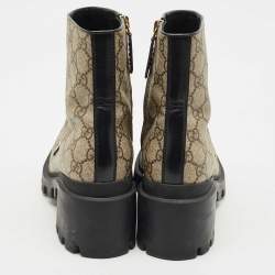 Gucci Beige/Black GG Supreme Canvas and Leather Interlocking G Ankle Boots Size 36.5