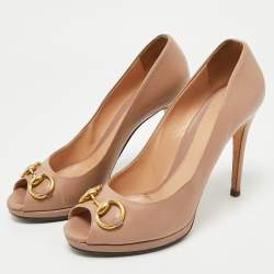 Pre Owned Gucci Dusty Pink Leather Horsebit Peep Toe Pumps Size 40