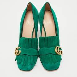 Pre Owned Gucci Green Suede GG Marmont Fringe Pumps Size 38