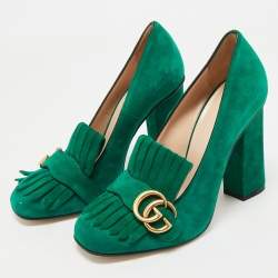 Pre Owned Gucci Green Suede GG Marmont Fringe Pumps Size 38