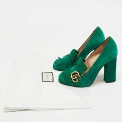 Pre Owned Gucci Green Suede GG Marmont Fringe Pumps Size 38