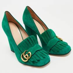 Pre Owned Gucci Green Suede GG Marmont Fringe Pumps Size 38