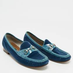 Pre Owned Gucci Blue Velvet and Patent Horsebit Slip On Loafers Size 38