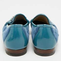 Pre Owned Gucci Blue Velvet and Patent Horsebit Slip On Loafers Size 38