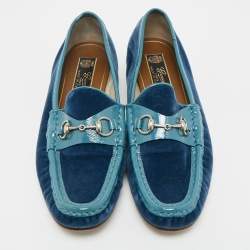 Pre Owned Gucci Blue Velvet and Patent Horsebit Slip On Loafers Size 38