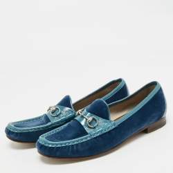 Pre Owned Gucci Blue Velvet and Patent Horsebit Slip On Loafers Size 38