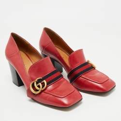 Gucci Red Leather GG Marmont Web Loafer Pumps Size 38
