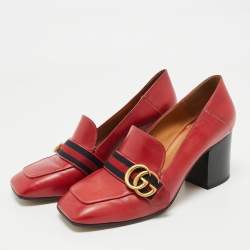 Gucci Red Leather GG Marmont Web Loafer Pumps Size 38