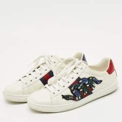 Pre Owned Gucci White Leather and Snakeskin Embossed Leather Ace Low Top Sneakers Size 35.5