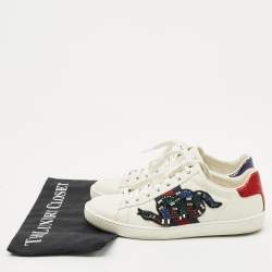 Pre Owned Gucci White Leather and Snakeskin Embossed Leather Ace Low Top Sneakers Size 35.5