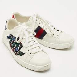 Pre Owned Gucci White Leather and Snakeskin Embossed Leather Ace Low Top Sneakers Size 35.5