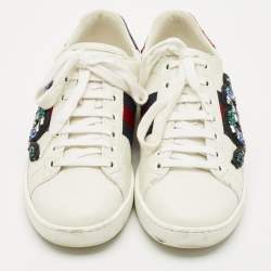 Pre Owned Gucci White Leather and Snakeskin Embossed Leather Ace Low Top Sneakers Size 35.5