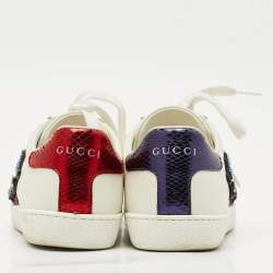Pre Owned Gucci White Leather and Snakeskin Embossed Leather Ace Low Top Sneakers Size 35.5