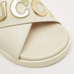 Pre Owned Gucci Off White Leather Logo Ankle Strap Flat Sandals 38.5
