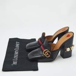 Pre Owned صندل غوتشي لوفرز جي جي جلد أسود مزخرف لؤلؤ نمط ويب مقاس 34