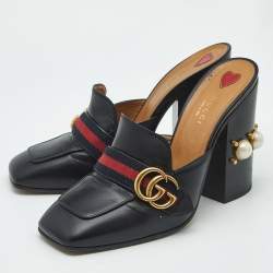 Pre Owned صندل غوتشي لوفرز جي جي جلد أسود مزخرف لؤلؤ نمط ويب مقاس 34