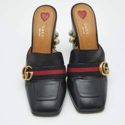 Pre Owned صندل غوتشي لوفرز جي جي جلد أسود مزخرف لؤلؤ نمط ويب مقاس 34